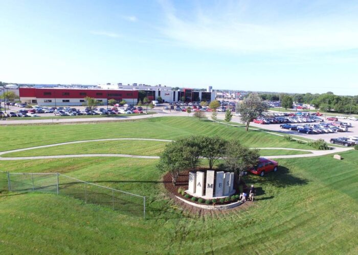 Arial view of Ames Signage on 13th street